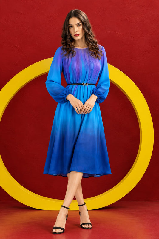 Women’s Elegant Royal Blue Chiffon Dress with Statement Belt – A-Line Fit