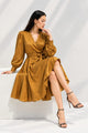 Women’s Elegant Golden Satin Wrap Dress – Long Sleeve A-Line Fit