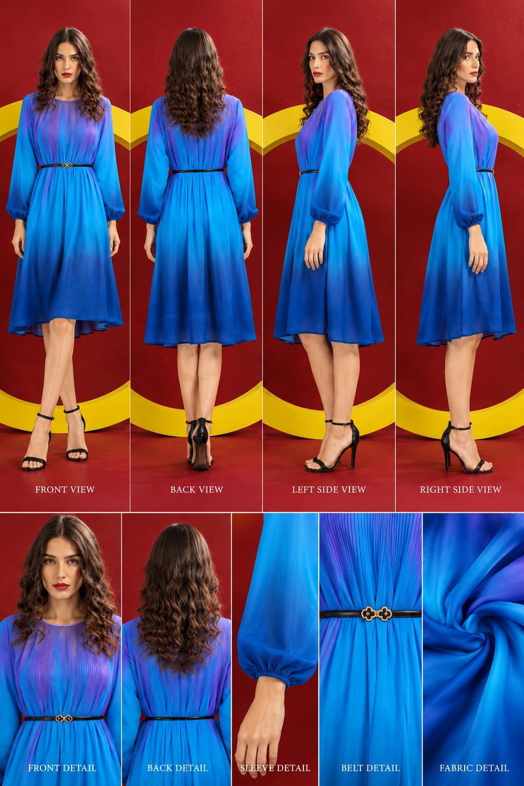 Women’s Elegant Royal Blue Chiffon Dress with Statement Belt – A-Line Fit