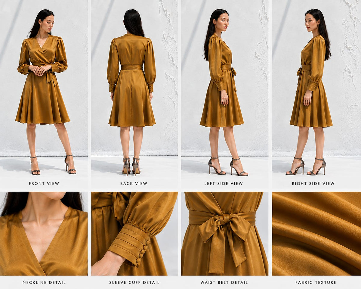 Women’s Elegant Golden Satin Wrap Dress – Long Sleeve A-Line Fit