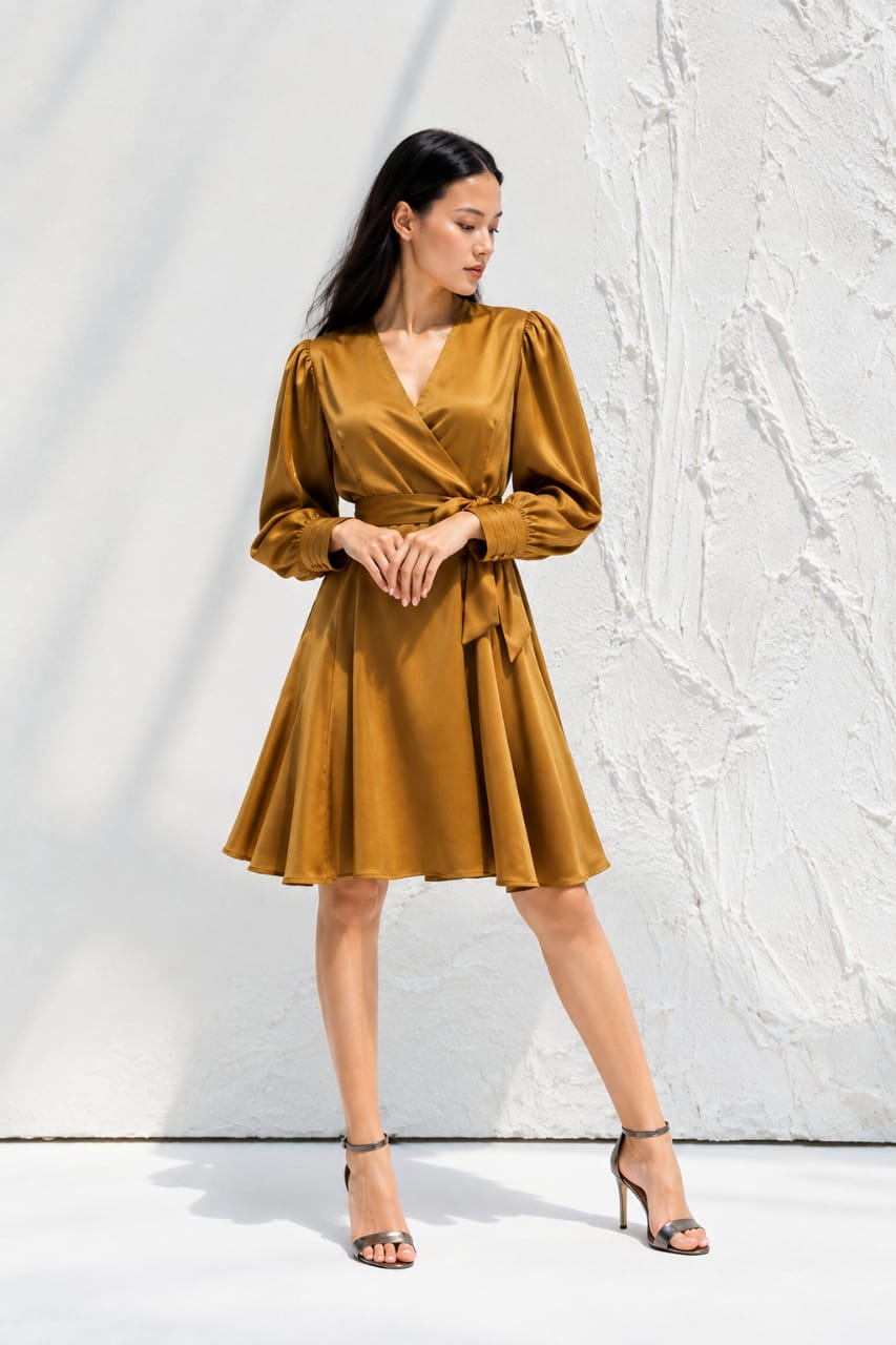 Women’s Elegant Golden Satin Wrap Dress – Long Sleeve A-Line Fit