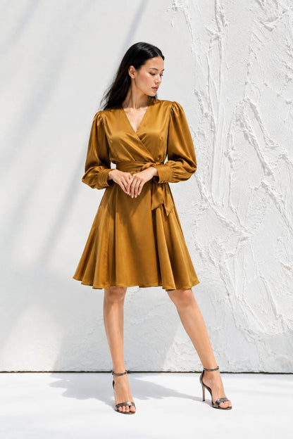 Women’s Elegant Golden Satin Wrap Dress – Long Sleeve A-Line Fit