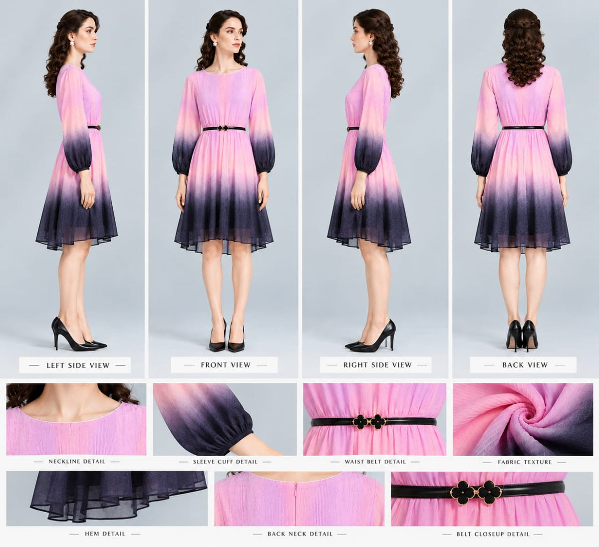 Women’s Elegant Ombre Chiffon Dress with Statement Belt – Pink & Navy