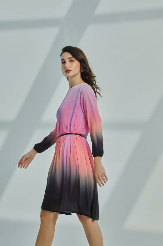 Women’s Elegant Ombre Chiffon Dress with Statement Belt – Pink & Navy